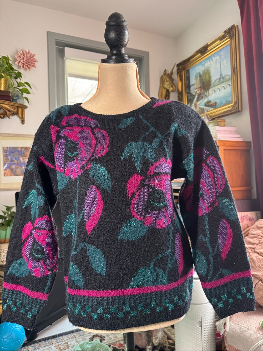 Vintage Koret Career Floral Rose Sweater Medium Black Pink Teal 80s 90s